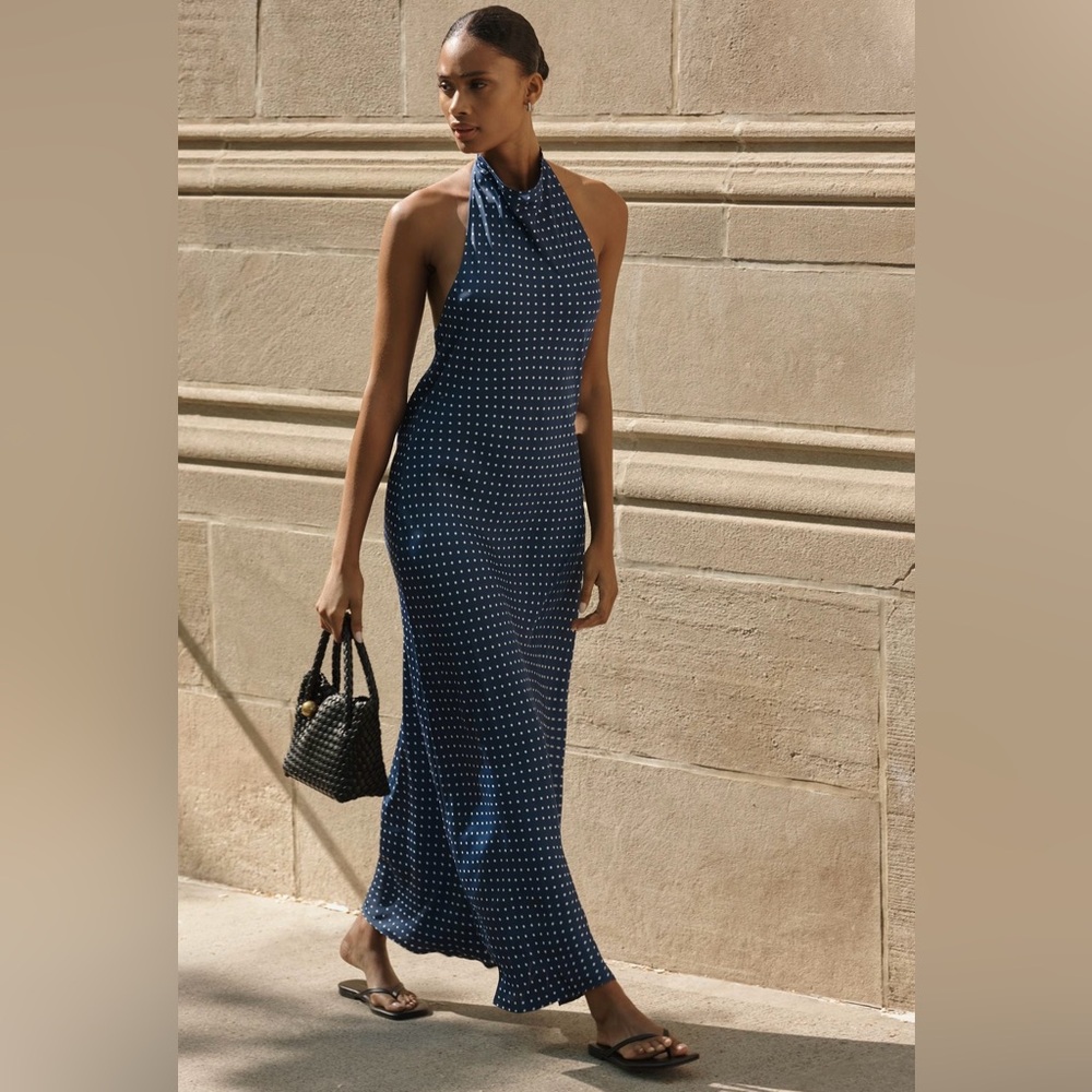 Maeve Navy Polka Dot Halter Maxi Dress